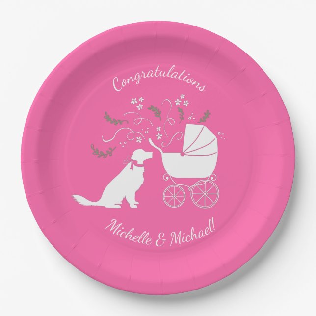 Golden Retriever Dog Baby Shower Pink Girl Paper Plate (Front)
