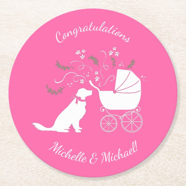 Golden Retriever Dog Baby Shower Pink Girl Round Paper Coaster (Front)