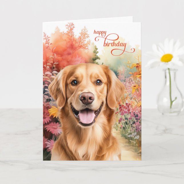 Golden Retriever Dog Birthday Wishes Flower Garden Card (Small Plant)