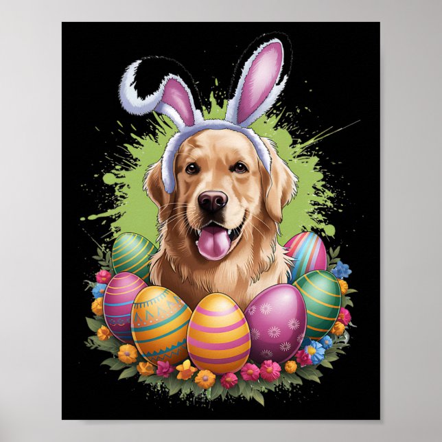 Golden Retriever Dog Bunny Ears Easter Eggs Spring Poster (Front)