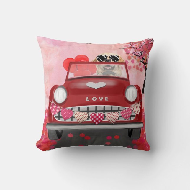 Golden Retriever Dog Car with Hearts Valentine's  Cushion (Front)