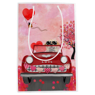 Golden Retriever Dog Car with Hearts Valentine's   Medium Gift Bag