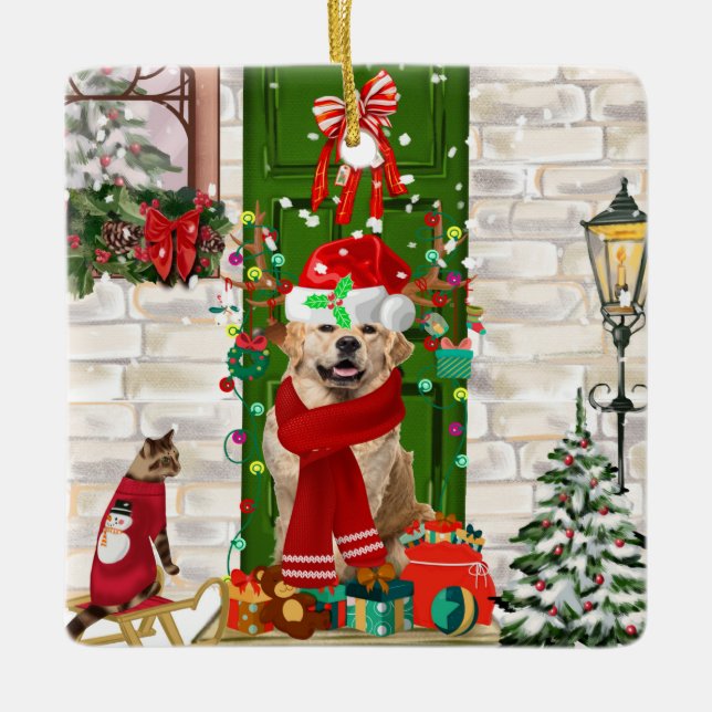 Golden Retriever Dog Christmas  Ceramic Ornament (Front)