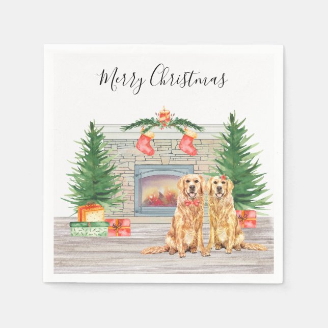 Golden Retriever Dog Christmas Holiday Fireplace Napkin (Front)