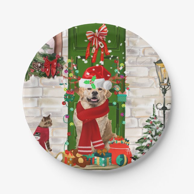 Golden Retriever Dog Christmas  Paper Plate (Front)