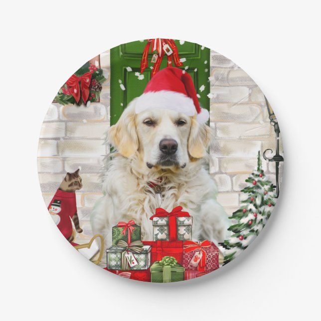 Golden Retriever Dog Christmas  Paper Plate (Front)