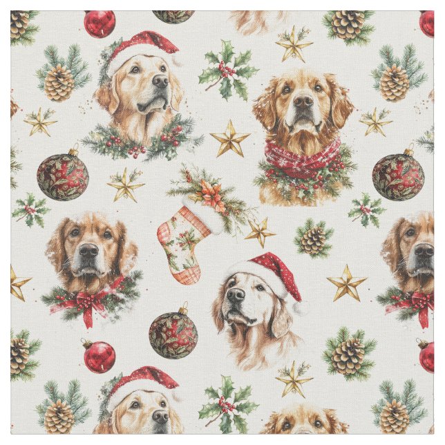 Golden Retriever Dog Christmas Pattern Fabric (Close Up)