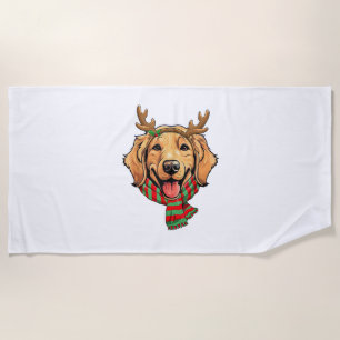 Golden Retriever Dog Christmas Reindeer Santa Hat Beach Towel