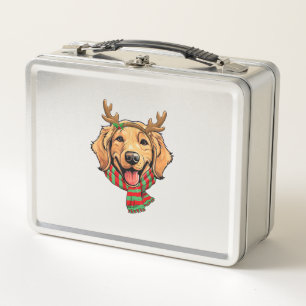 Golden Retriever Dog Christmas Reindeer Santa Hat  Metal Lunch Box