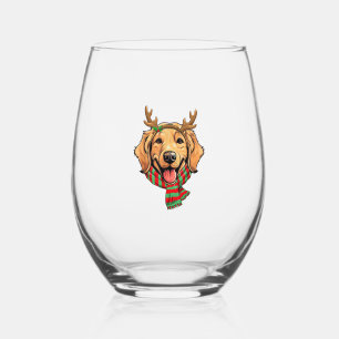 Golden Retriever Dog Christmas Reindeer Santa Hat Stemless Wine Glass