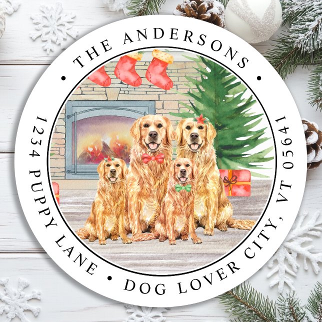 Golden Retriever Dog Christmas Return Address Classic Round Sticker (Creator Uploaded)