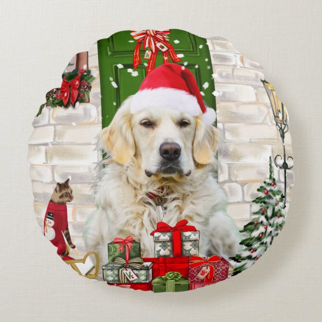 Golden Retriever Dog Christmas  Round Cushion (Front)