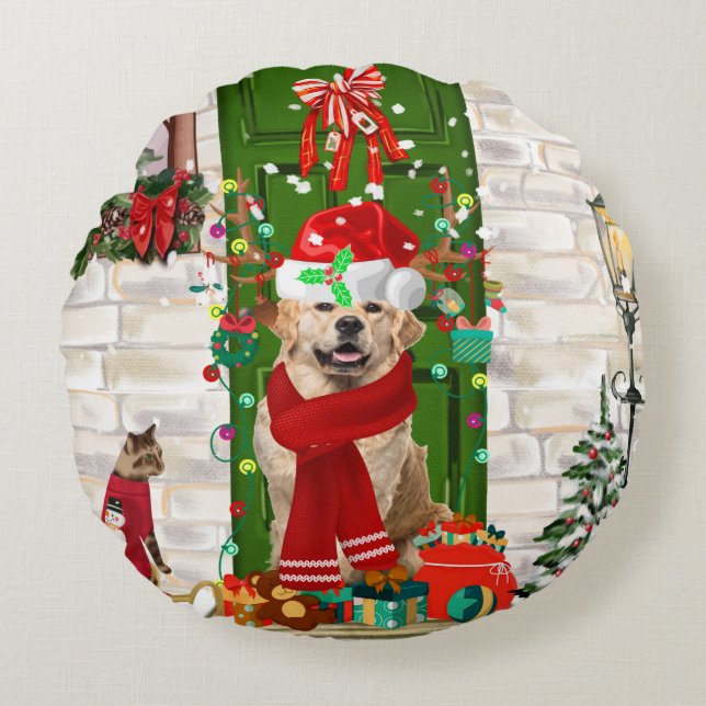 Golden Retriever Dog Christmas  Round Cushion (Front)