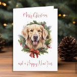 Golden Retriever Dog Custom Festive Christmas Holiday Card<br><div class="desc">Looking for a festive way to send your holiday greetings this year? Look no further than our Golden Retriever Christmas cards! These cards feature an adorable Golden Retriever pup surrounded by a wreath of holly and berries with a festive bow. The watercolor design adds a touch of whimsy to your...</div>