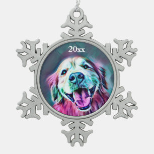 Golden Retriever Dog Custom Year Neon Colours Snowflake Pewter Christmas Ornament
