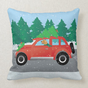 Golden Retriever Dog Driving a Car - Tree on Top Cushion