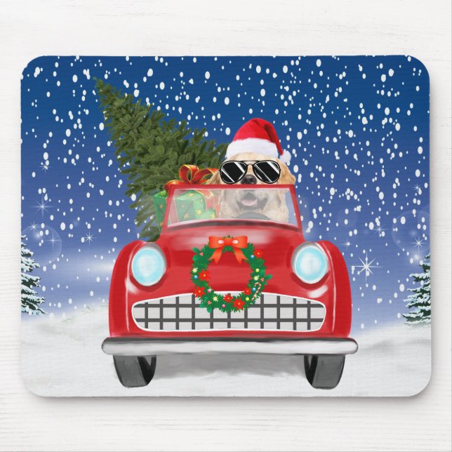 Golden Retriever Dog Driving Car In Snow Christmas Mouse Pad (Front)