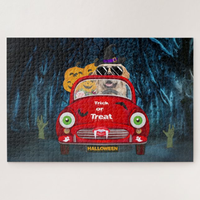 Golden Retriever Dog Driving Car Scary Halloween  Jigsaw Puzzle (Horizontal)