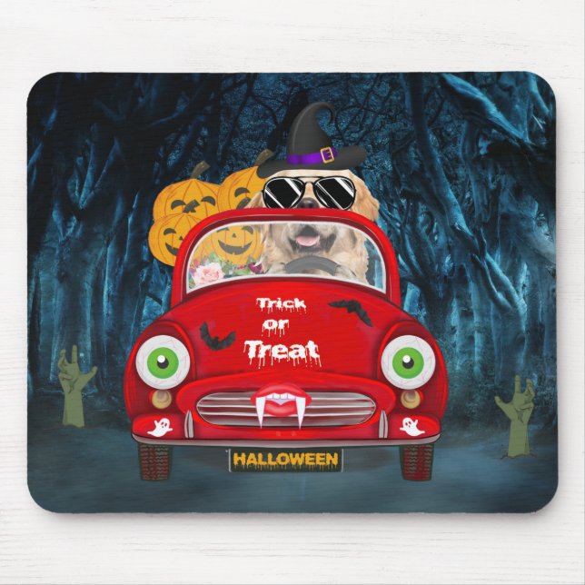 Golden Retriever Dog Driving Car Scary Halloween Mouse Pad (Front)