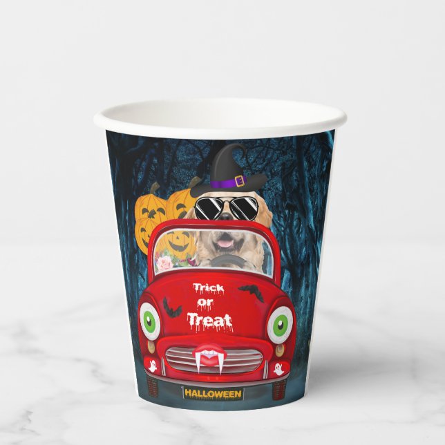 Golden Retriever Dog Driving Car Scary Halloween  Paper Cups (Front)