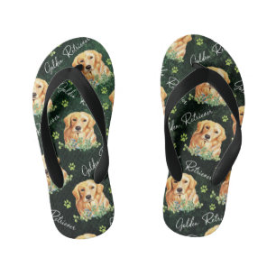 Golden Retriever Dog, Eucalyptus Leaves, Paw Print Kid's Thongs