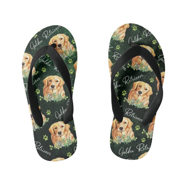 Golden Retriever Dog, Eucalyptus Leaves, Paw Print Kid's Thongs (Footbed)