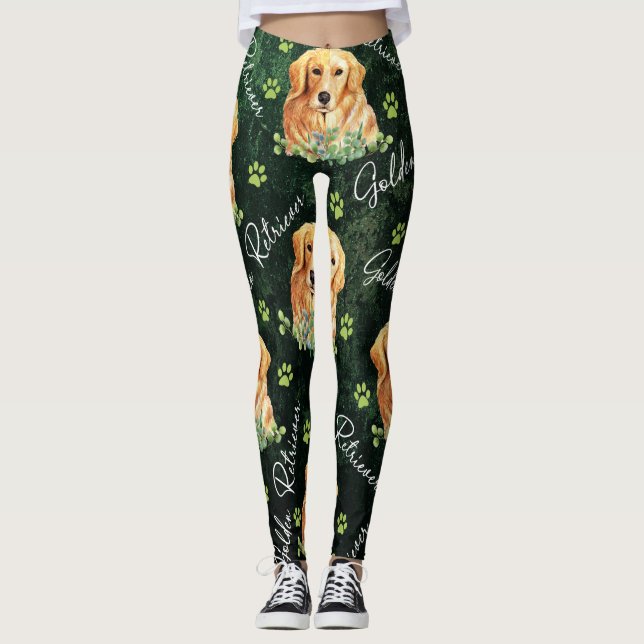 Golden Retriever Dog, Eucalyptus Leaves, Paw Print Leggings (Front)