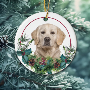 Golden Retriever Dog Evergreen Berry Wreath Ceramic Ornament