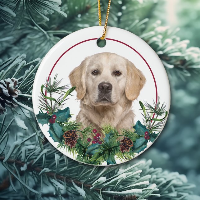 Golden Retriever Dog Evergreen Berry Wreath Ceramic Ornament (Creator Uploaded)