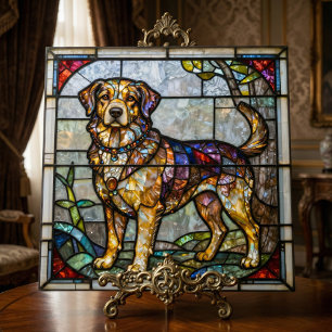 Golden Retriever Dog Faux Stained Glass Mosaic Art Ceramic Tile