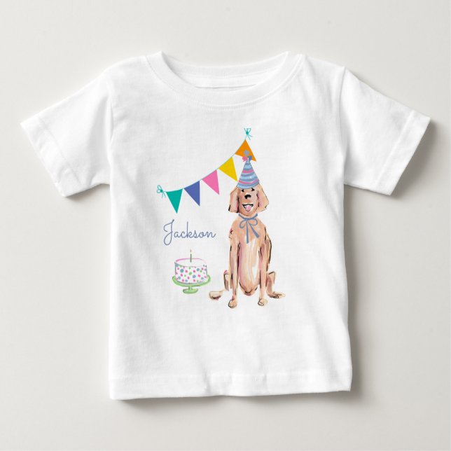 Golden Retriever Dog First 1st Birthday Cake Name Baby T-Shirt (Front)