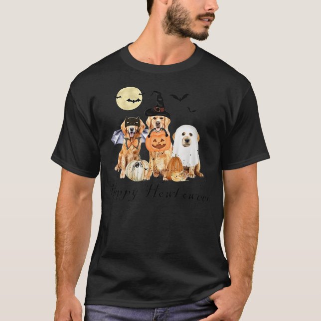 Golden Retriever Dog Ghost Halloween Witch And Bat T-Shirt (Front)