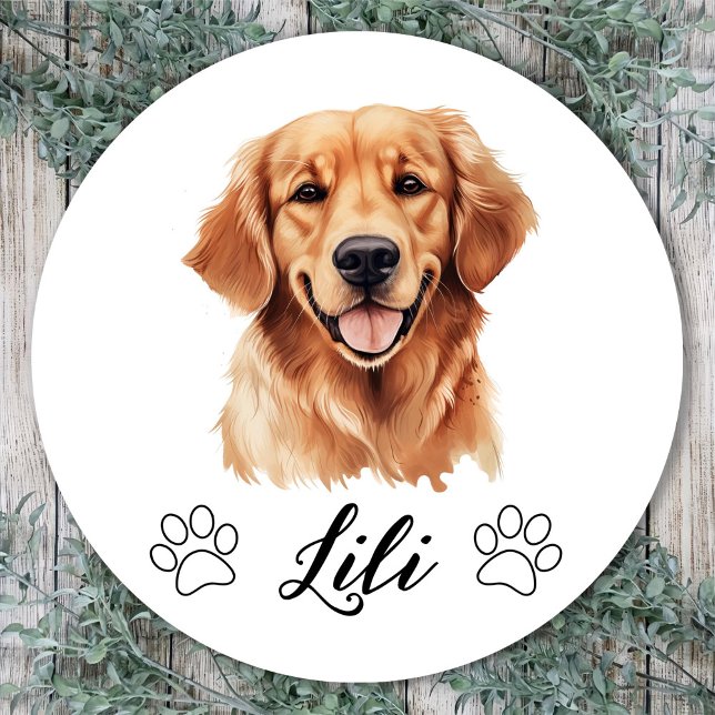 Golden Retriever Dog Hand Drawing Personalised Classic Round Sticker (Creator Uploaded)