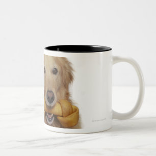 Golden Retriever Dog holding bone in mouth Two-Tone Coffee Mug