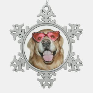 Golden Retriever Dog in Heart Sunglasses Holiday Snowflake Pewter Christmas Ornament