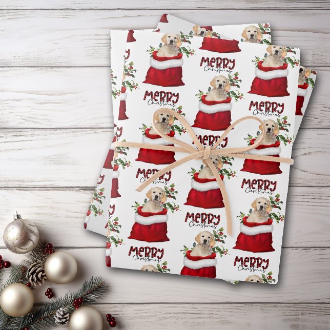 Golden Retriever Dog in Holiday Gift Bag Wrapping Paper Sheet (Creator Uploaded)