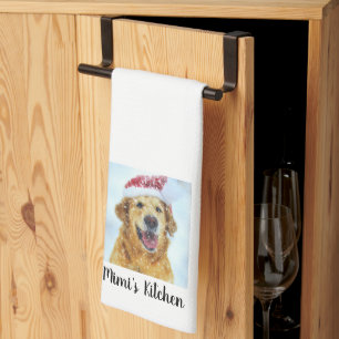 Golden Retriever Dog in Santa Hat, Custom Text Tea Towel