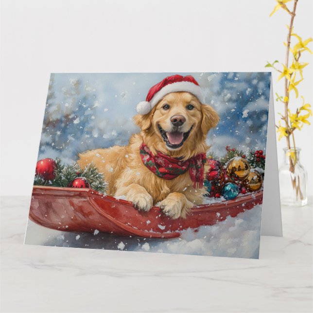 Golden Retriever Dog in Sledge Snow Christmas Card (Yellow Flower)