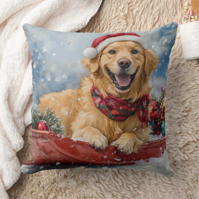 Golden Retriever Dog in Sledge Snow Christmas Cushion (Blanket)