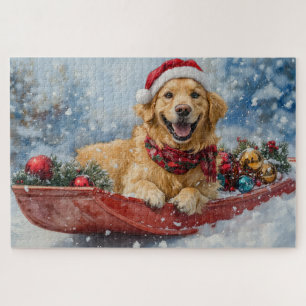 Golden Retriever Dog in Sledge Snow Christmas Jigsaw Puzzle