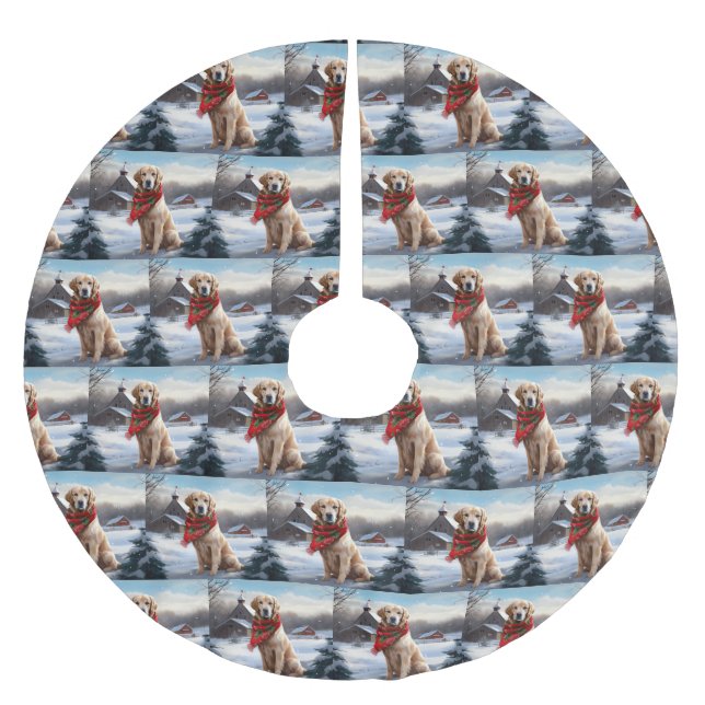 Golden Retriever Dog in Snow Christmas Brushed Polyester Tree Skirt (Front)