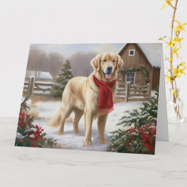 Golden Retriever Dog in Snow Christmas  Card (Yellow Flower)