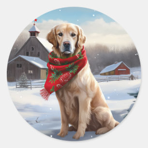 Golden Retriever Dog in Snow Christmas Classic Round Sticker