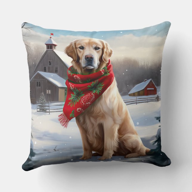 Golden Retriever Dog in Snow Christmas Cushion (Back)