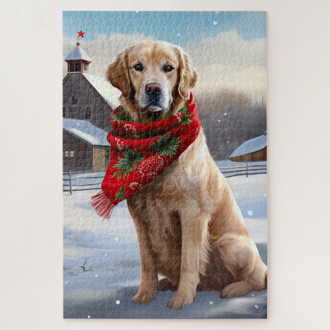 Golden Retriever Dog in Snow Christmas Jigsaw Puzzle (Vertical)