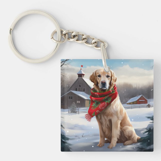 Golden Retriever Dog in Snow Christmas Key Ring (Front)