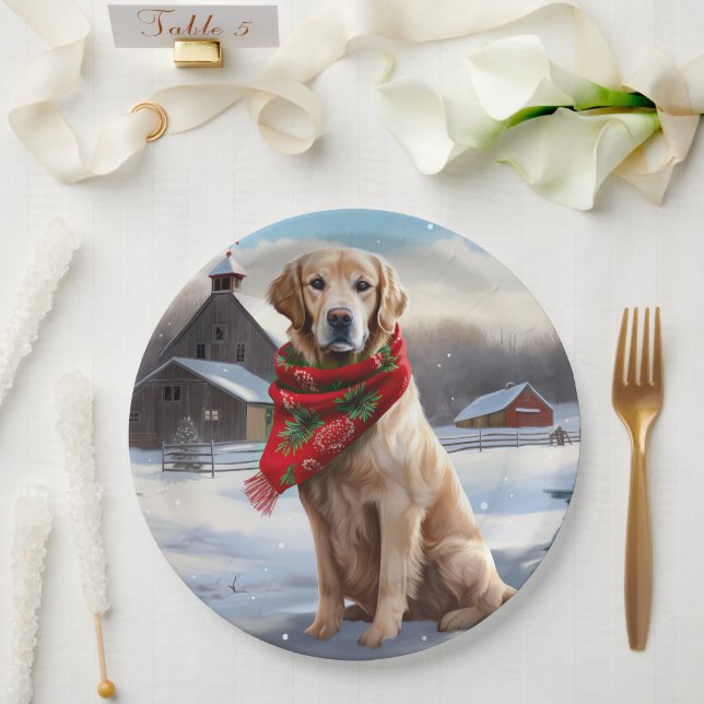 Golden Retriever Dog in Snow Christmas Paper Plate (Wedding)