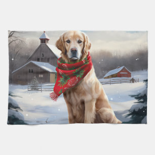 Golden Retriever Dog in Snow Christmas Tea Towel