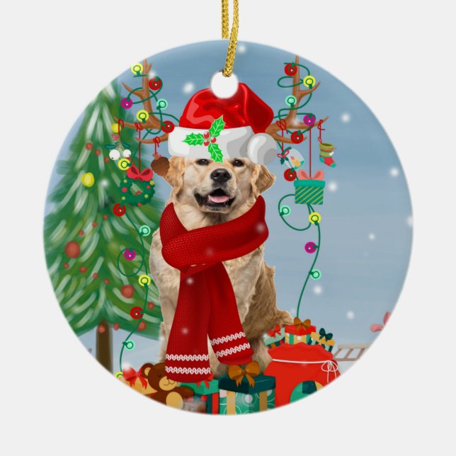 Golden Retriever Dog in Snow with Christmas Gifts  Ceramic Ornament (Front)