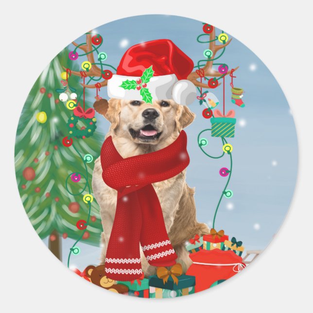 Golden Retriever Dog in Snow with Christmas Gifts Classic Round Sticker (Front)